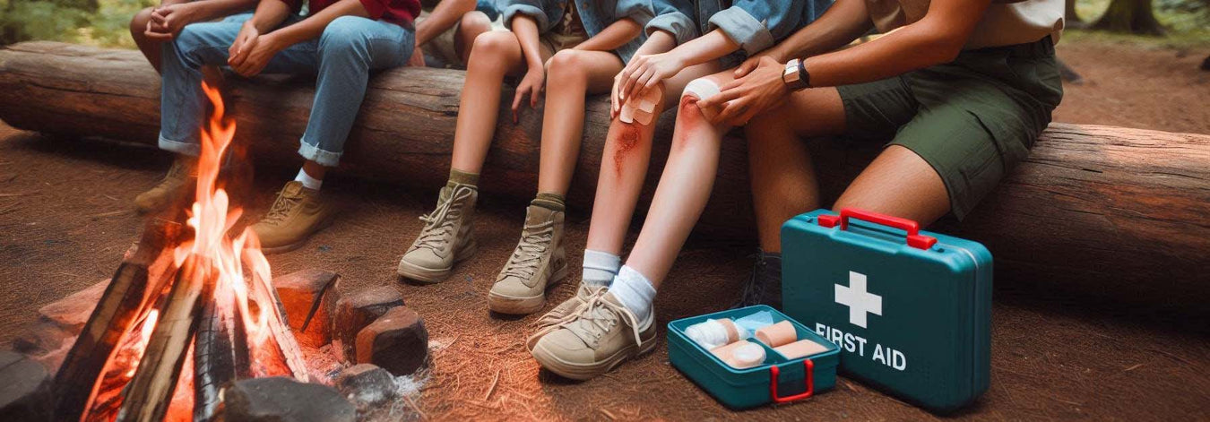 People sitting on a log tending to a wound with a first aid kit