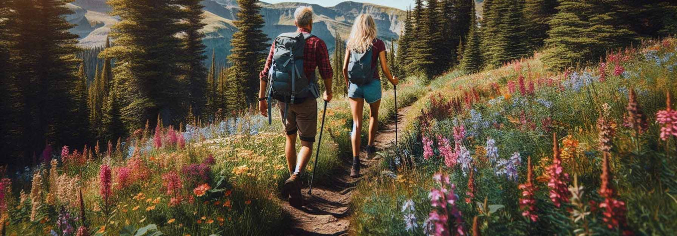 Two people hiking on a mountain trail