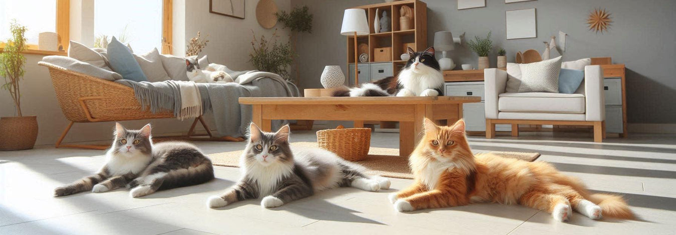 Modern farmhouse background with three cats lounging in the sunshine