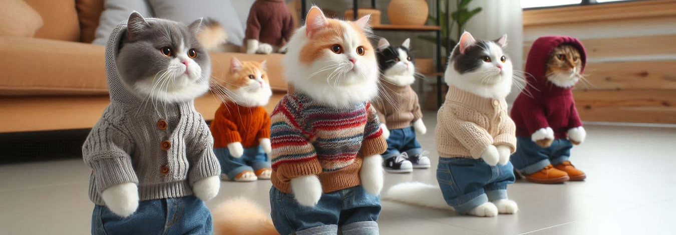 A group of cats all dressed differently