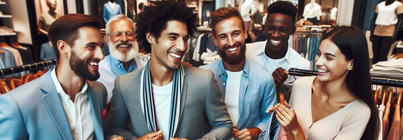 Group of men and women at a clothing store