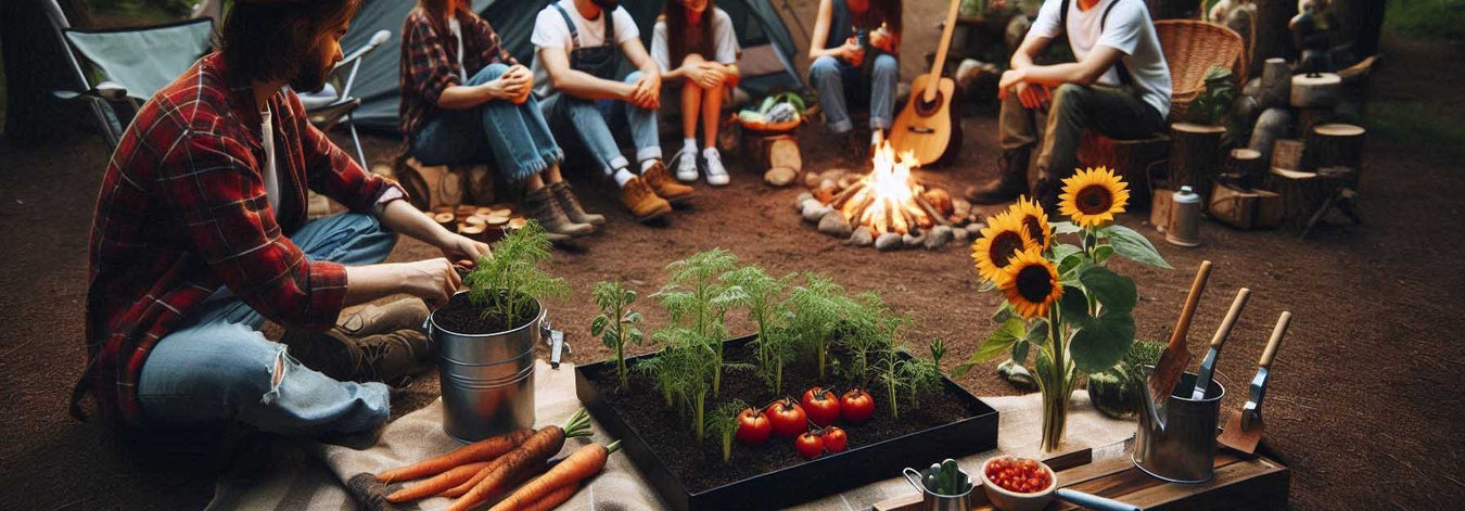 A group of people around a campfire with fresh veggies