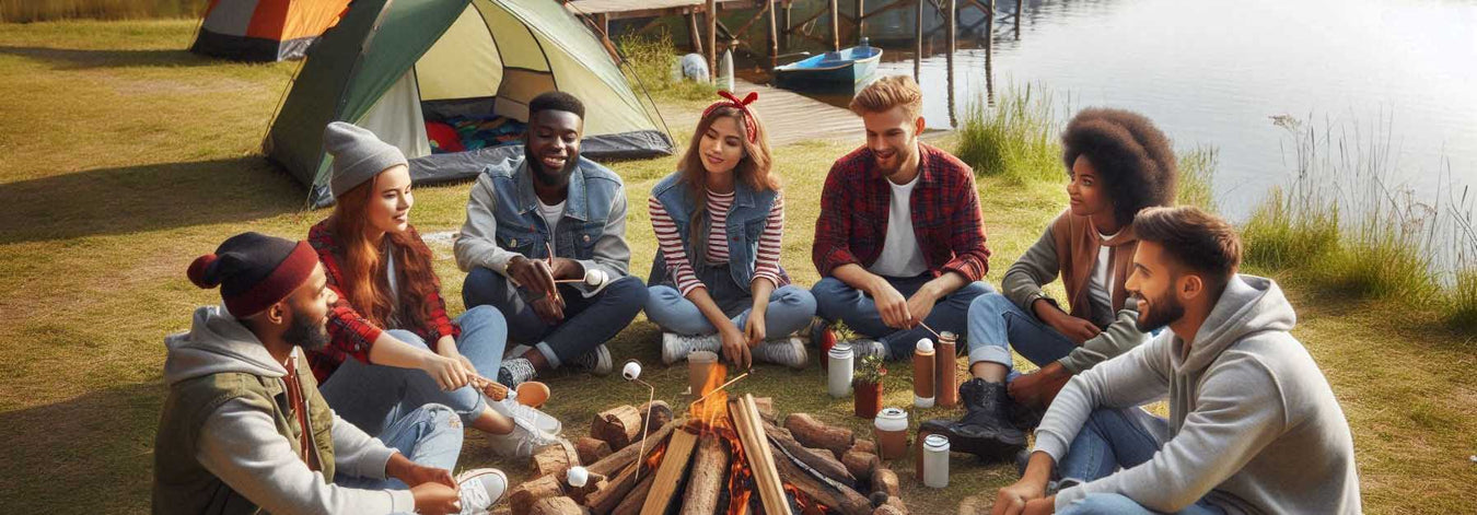 Young people sitting around a campfire by a lake shore